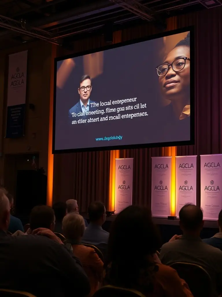 A success story testimonial displayed on a screen during an AGCLA event, showcasing the positive impact of the organization's services on a local entrepreneur.