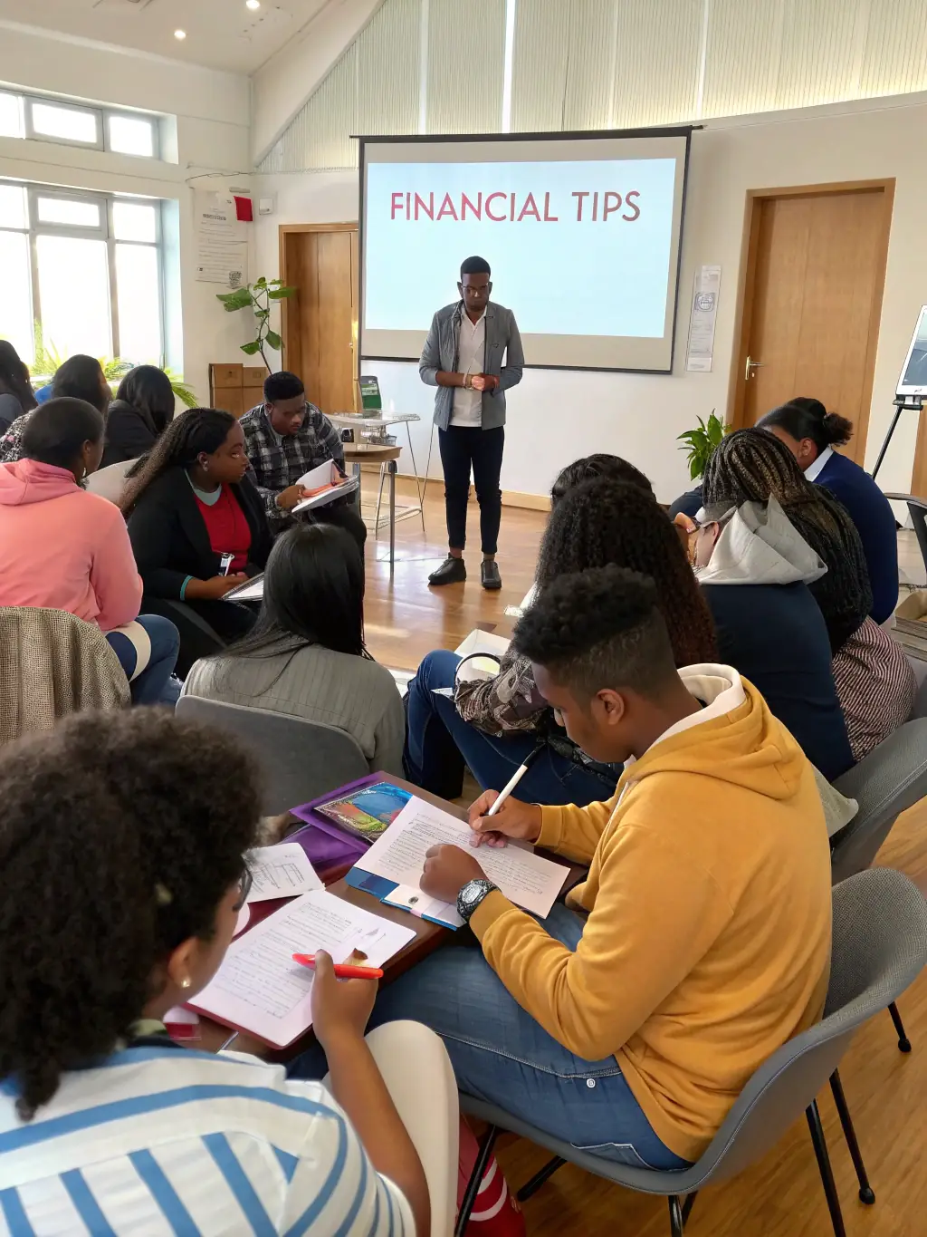 A diverse group of local business owners attending an AGCLA workshop on financial management, focusing on practical skills and networking opportunities.