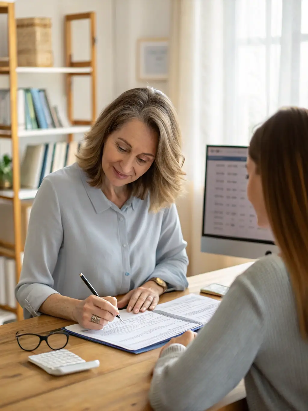 A volunteer accountant from AGCLA providing one-on-one consultation to a small business owner, reviewing financial statements and offering tailored advice.