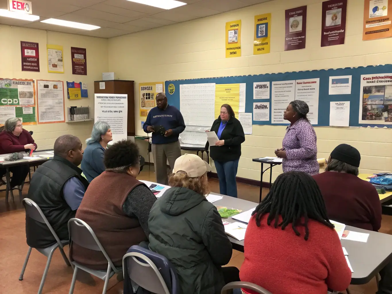 A diverse team of AGCLA volunteers collaborating on a financial literacy workshop, showcasing human resources dedicated to community training and support.