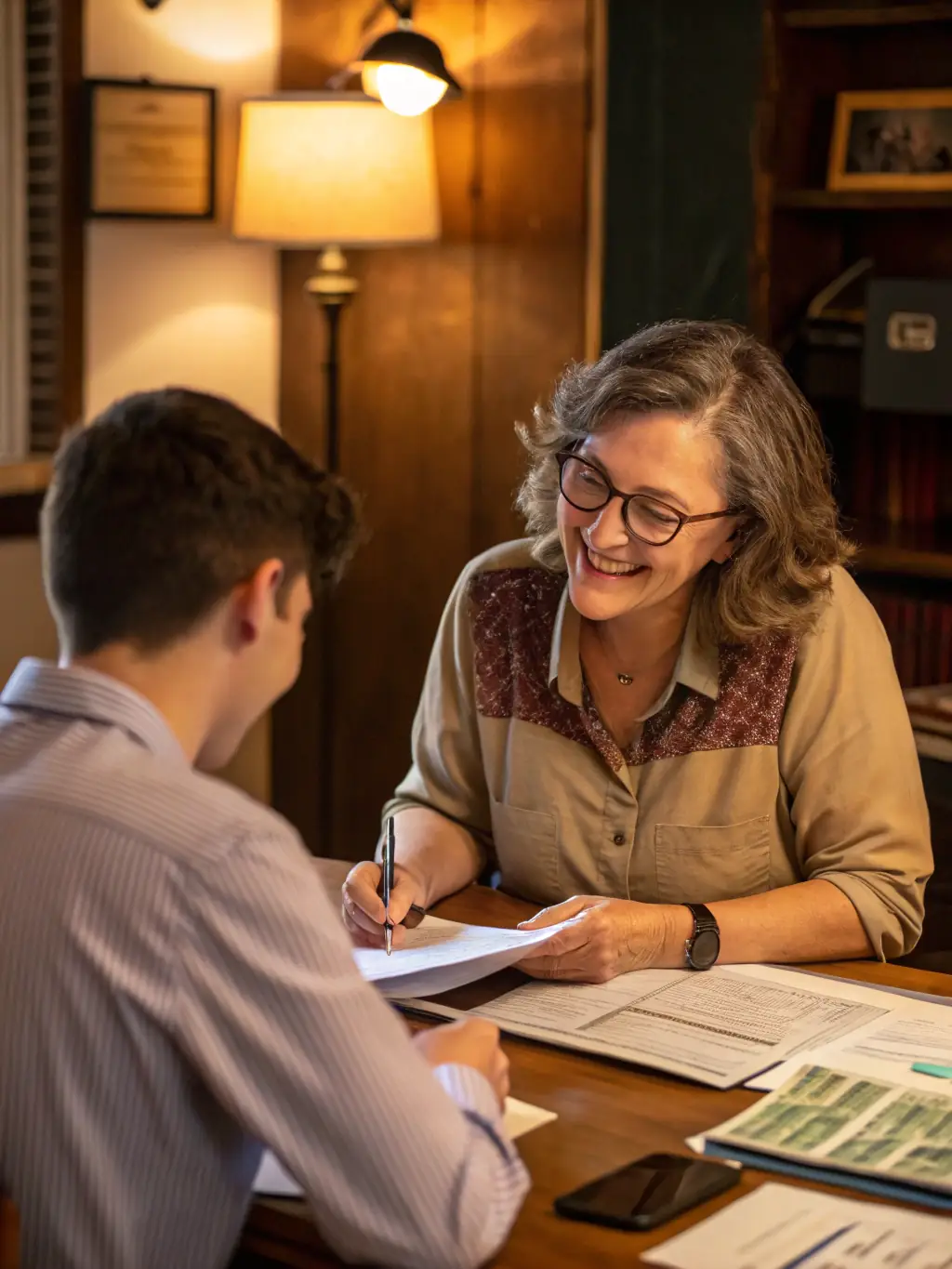 A volunteer accountant providing one-on-one consultation to a small business owner in a cozy office setting, showcasing personalized support.