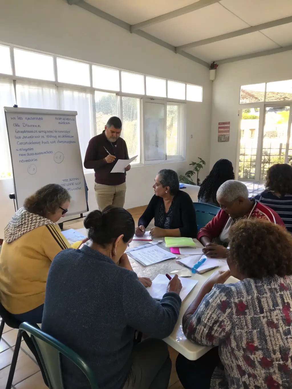 A diverse group of community members participating in an AGCLA training session on basic accounting principles, with smiles and engagement.