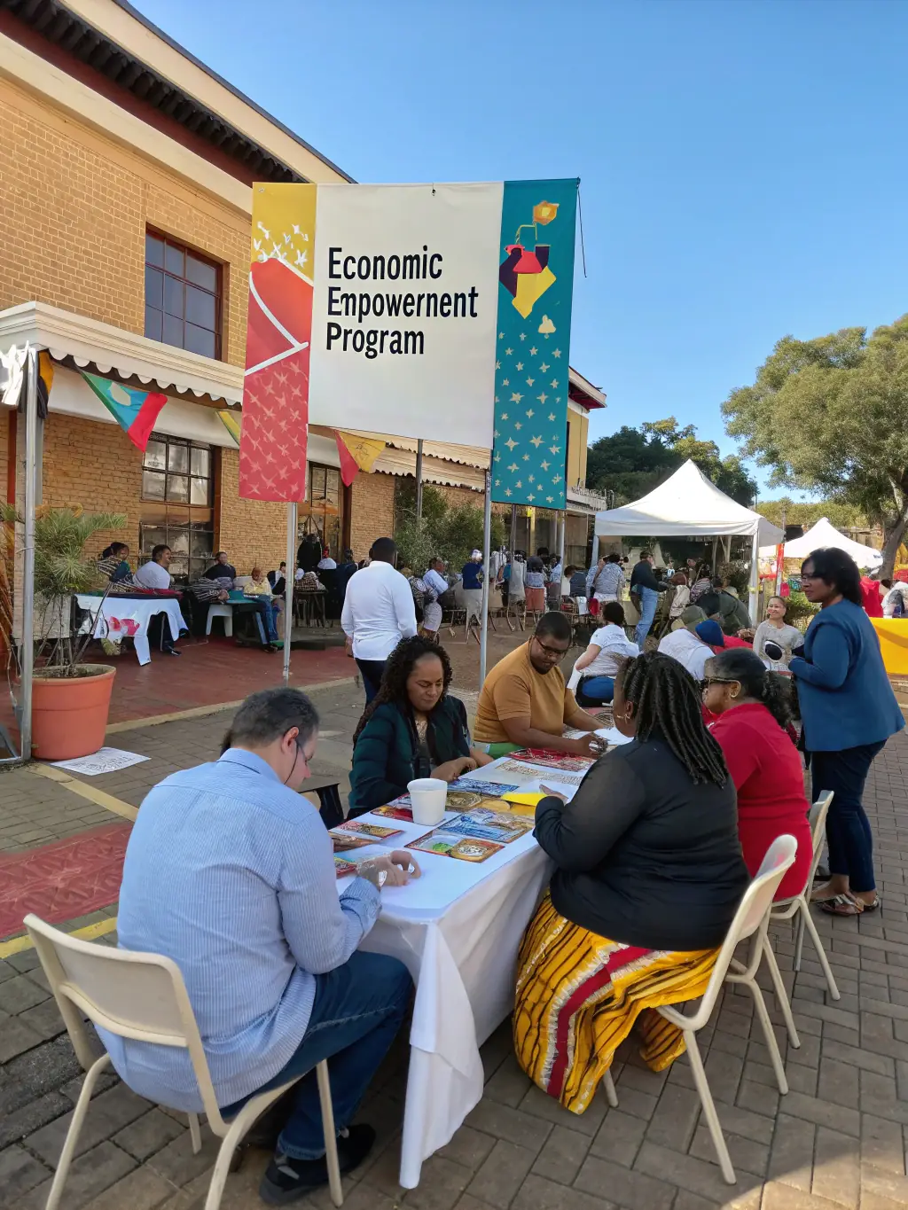 A community event organized by AGCLA, featuring local entrepreneurs showcasing their products and services, promoting economic development.